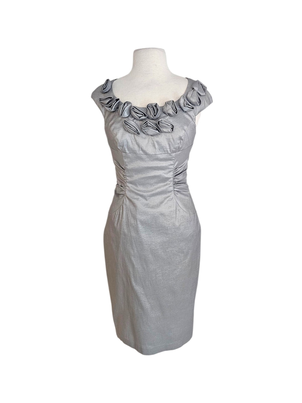 Adrianna Papell Silver Shimmery Rosette Neckline Cocktail Dress